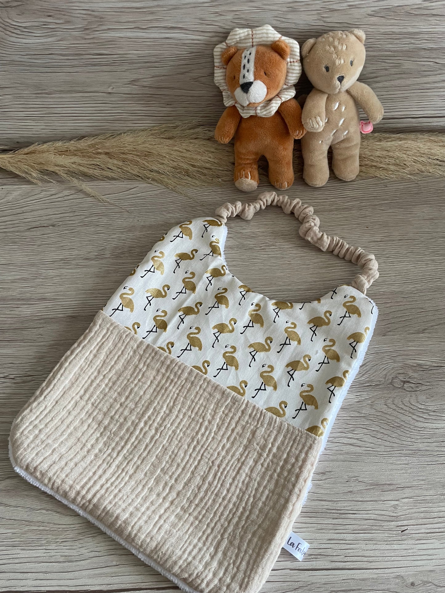 Bavoir maternelle Beige/Motif - Bavoir cantine - en bambou et double gaze - personnalisable - Fin de série