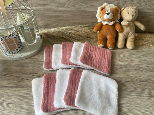 Lot de 5 ou 10 lingettes lavables bambou et double gaze - coloris au choix