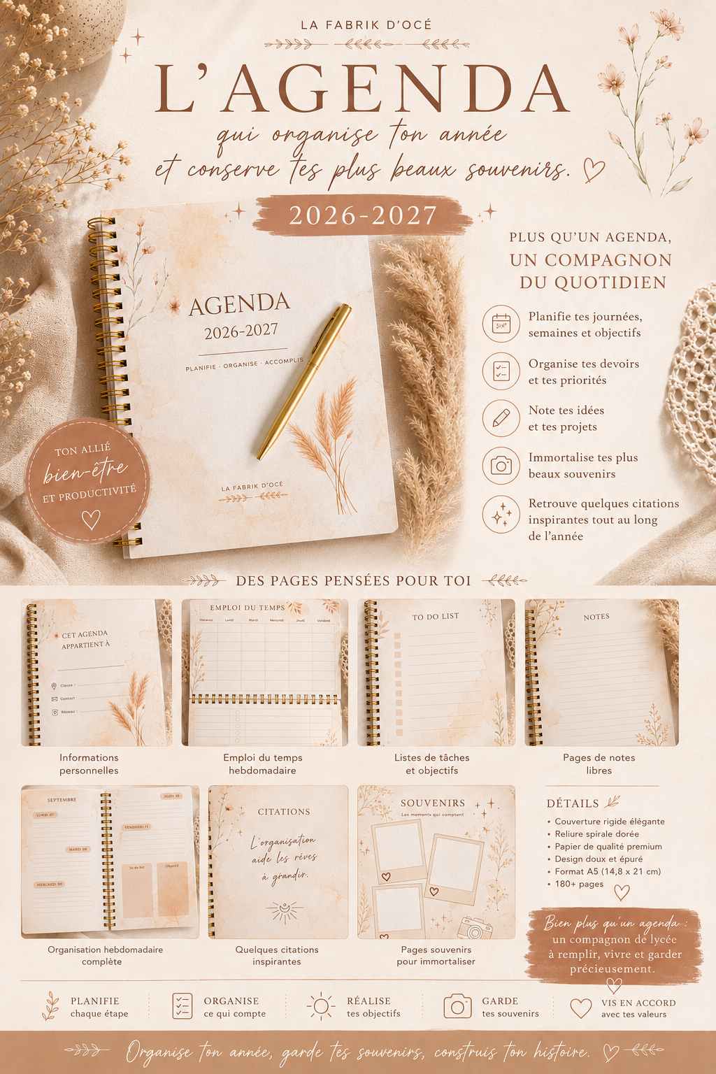 Agenda Étudiant 2026-2027 A5 | Agenda scolaire personnalisé, semainier, carnet de souvenirs et d’organisation