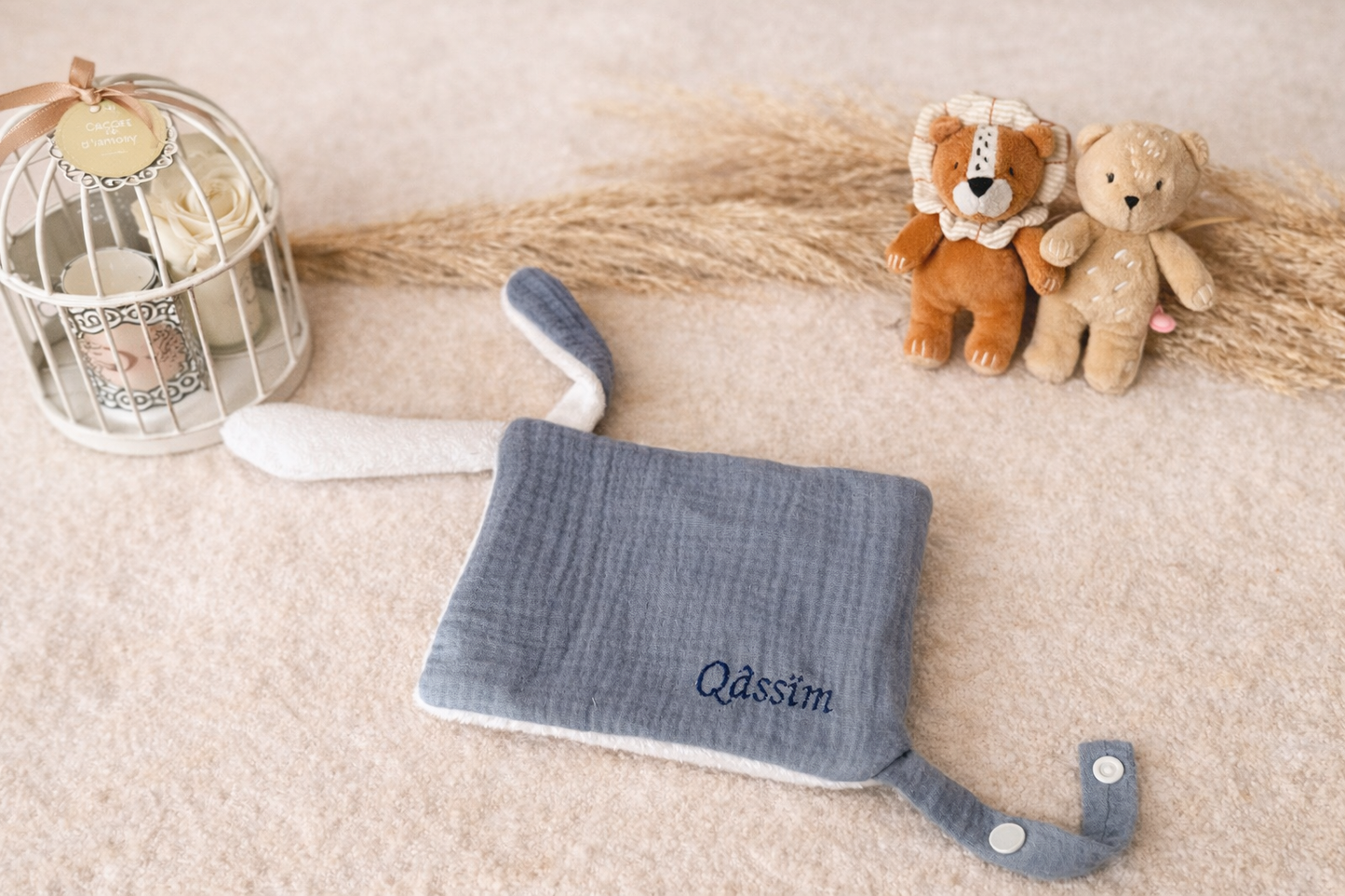 Doudou lapin personnalisé en double gaze